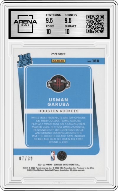 Usman Garuba from the 2021-22 Panini Donruss Optic set featuring a Black Velocity parallel graded by Arena Club and given an overall grade of 10.