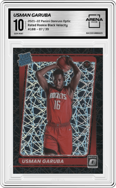 Usman Garuba from the 2021-22 Panini Donruss Optic set featuring a Black Velocity parallel graded by Arena Club and given an overall grade of 10.