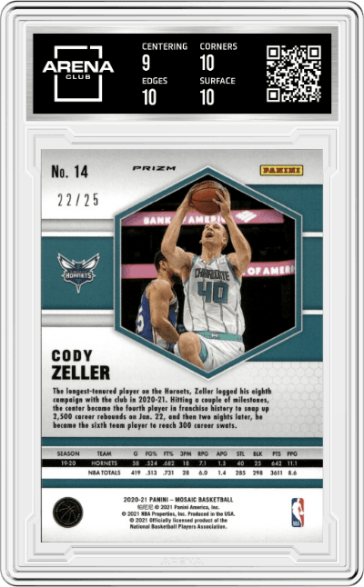 Cody Zeller from the 2020-21 Panini Mosaic set featuring a White Mosaic parallel graded by Arena Club and given an overall grade of 9.5.