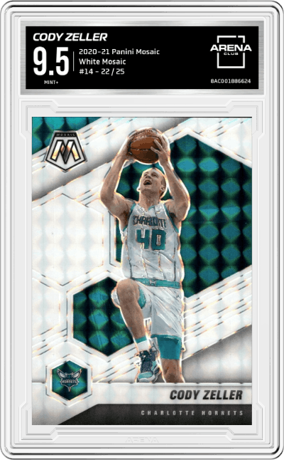 Cody Zeller from the 2020-21 Panini Mosaic set featuring a White Mosaic parallel graded by Arena Club and given an overall grade of 9.5.