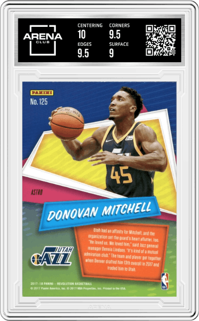 Donovan Mitchell from the 2017-18 Panini Revolution set featuring a Astro parallel graded by Arena Club and given an overall grade of 9.5.