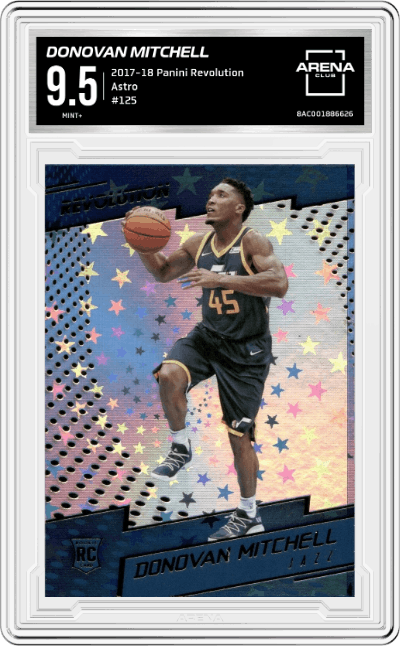 Donovan Mitchell from the 2017-18 Panini Revolution set featuring a Astro parallel graded by Arena Club and given an overall grade of 9.5.