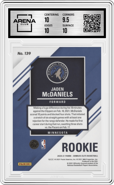 Jaden McDaniels from the 2020-21 Panini Donruss Elite Basketball set graded by Arena Club and given an overall grade of 10.