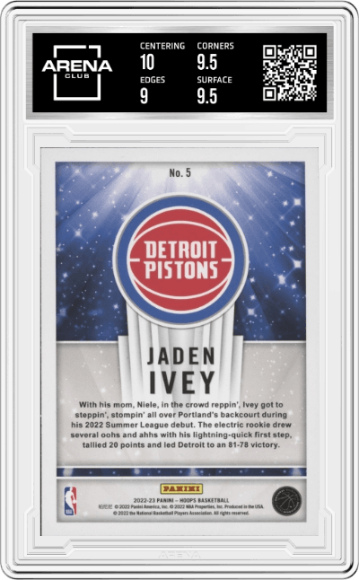 Jaden Ivey from the 2022-23 Panini NBA Hoops set featuring a Holo parallel graded by Arena Club and given an overall grade of 9.5.