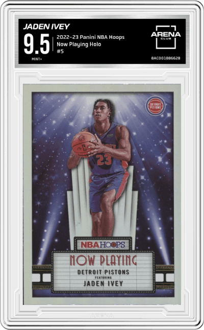 Jaden Ivey from the 2022-23 Panini NBA Hoops set featuring a Holo parallel graded by Arena Club and given an overall grade of 9.5.