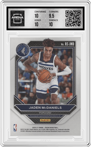 Jaden McDaniels from the 2020-21 Panini Prizm set graded by Arena Club and given an overall grade of 10.