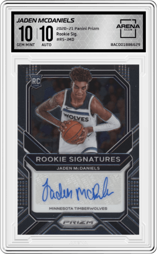 Jaden McDaniels from the 2020-21 Panini Prizm set graded by Arena Club and given an overall grade of 10.