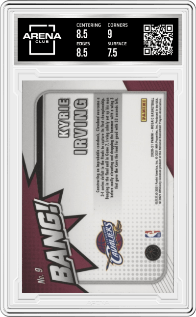 Kyrie Irving from the 2020-21 Panini Mosaic set graded by Arena Club and given an overall grade of 8.