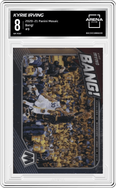 Kyrie Irving from the 2020-21 Panini Mosaic set graded by Arena Club and given an overall grade of 8.