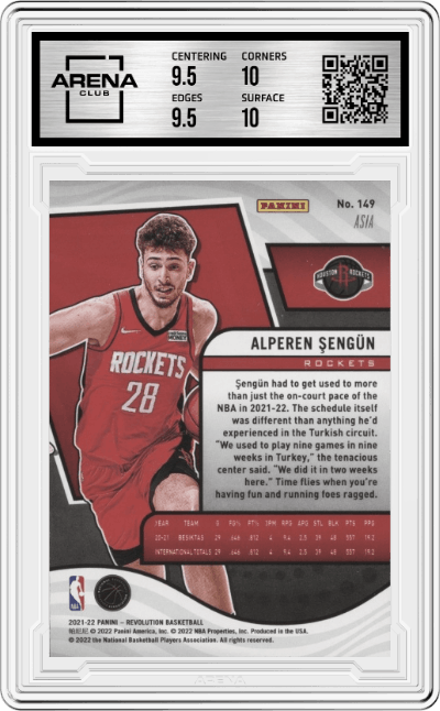 Alperen Sengun from the 2021-22 Panini Revolution  set featuring a Asia Red
 parallel graded by Arena Club and given an overall grade of 10.
