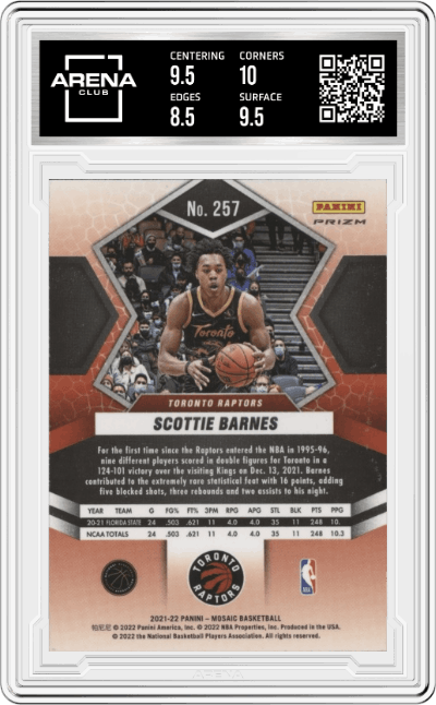 Scottie Barnes from the 2021-22 Panini Mosaic  set featuring a Silver Mosaic parallel graded by Arena Club and given an overall grade of 9.