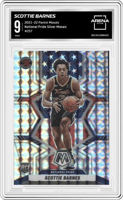 Scottie Barnes from the 2021-22 Panini Mosaic  set featuring a Silver Mosaic parallel graded by Arena Club and given an overall grade of 9.