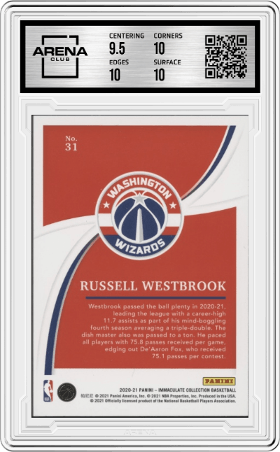 Russell Westbrook from the 2020-21 Panini Immaculate Collection  set featuring a Red parallel graded by Arena Club and given an overall grade of 10.