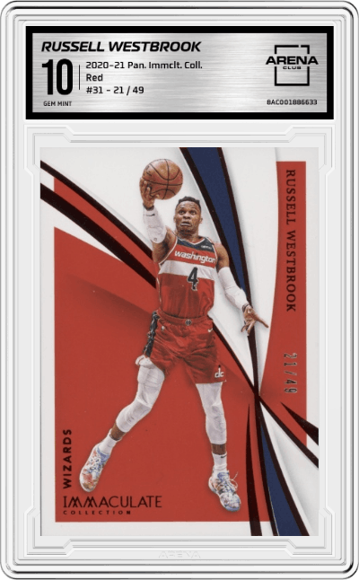 Russell Westbrook from the 2020-21 Panini Immaculate Collection  set featuring a Red parallel graded by Arena Club and given an overall grade of 10.