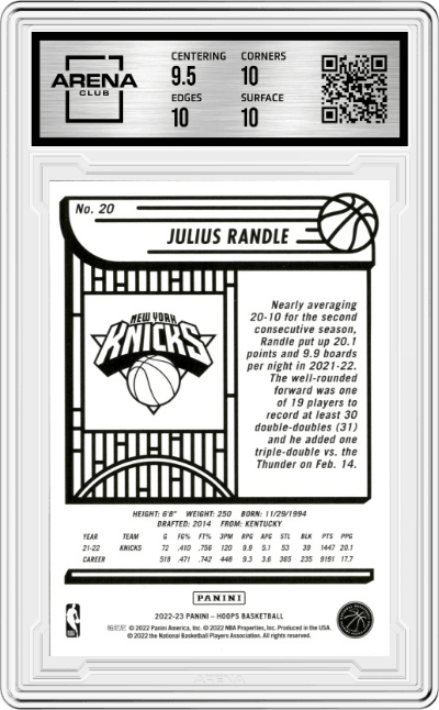 Julius Randle from the 2022-23 Panini NBA Hoops set graded by Arena Club and given an overall grade of 10.