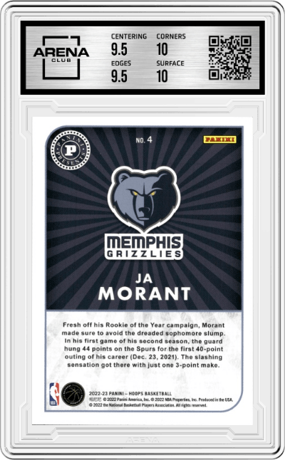 Ja Morant from the 2022-23 Panini NBA Hoops set graded by Arena Club and given an overall grade of 10.