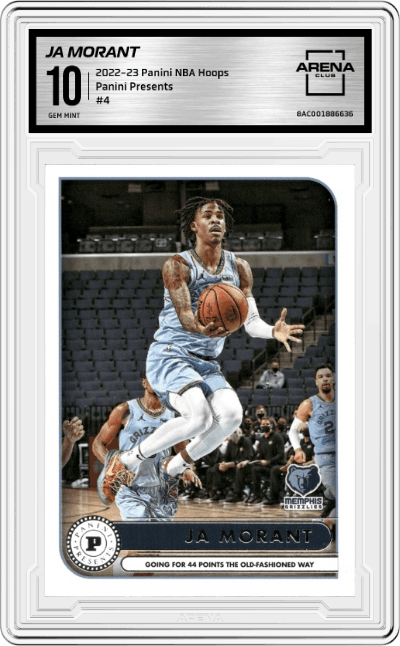 Ja Morant from the 2022-23 Panini NBA Hoops set graded by Arena Club and given an overall grade of 10.