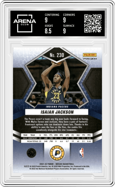Isaiah Jackson from the 2021-22 Panini Mosaic  set featuring a Silver Mosaic parallel graded by Arena Club and given an overall grade of 9.