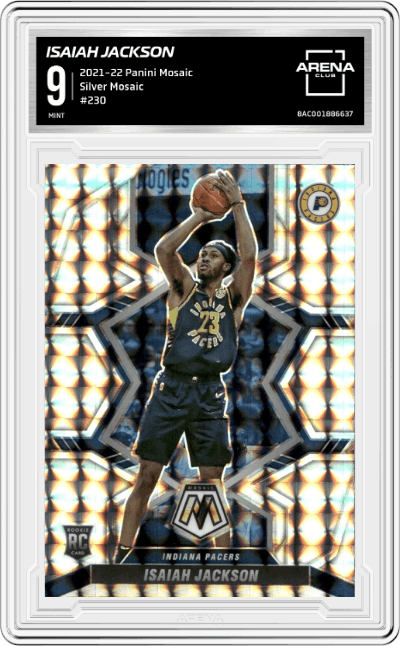 Isaiah Jackson from the 2021-22 Panini Mosaic  set featuring a Silver Mosaic parallel graded by Arena Club and given an overall grade of 9.