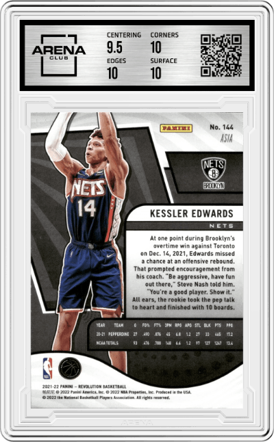 Kessler Edwards from the 2021-22 Panini Revolution  set featuring a Asia Red parallel graded by Arena Club and given an overall grade of 10.