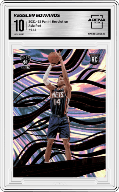Kessler Edwards from the 2021-22 Panini Revolution  set featuring a Asia Red parallel graded by Arena Club and given an overall grade of 10.