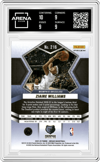 Ziaire Williams from the 2021-22 Panini Mosaic  set featuring a Silver parallel graded by Arena Club and given an overall grade of 9.5.