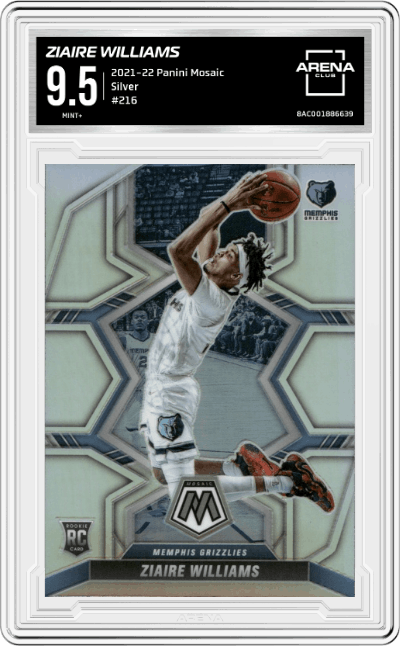 Ziaire Williams from the 2021-22 Panini Mosaic  set featuring a Silver parallel graded by Arena Club and given an overall grade of 9.5.