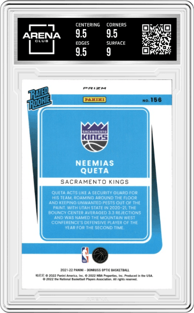 Neemias Queta  from the 2021-22 Panini Donruss Optic set featuring a Holo parallel graded by Arena Club and given an overall grade of 9.5.