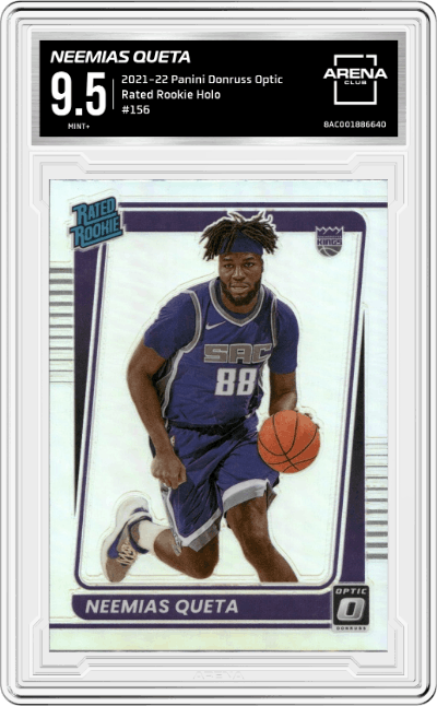 Neemias Queta  from the 2021-22 Panini Donruss Optic set featuring a Holo parallel graded by Arena Club and given an overall grade of 9.5.