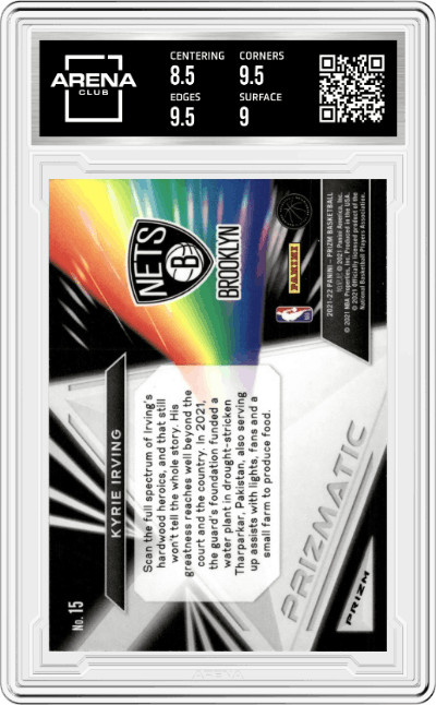 Kyrie Irving from the 2021-22 Panini Prizm  set featuring a Silver Prizm parallel graded by Arena Club and given an overall grade of 9.