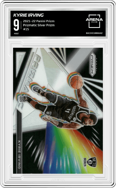 Kyrie Irving from the 2021-22 Panini Prizm  set featuring a Silver Prizm parallel graded by Arena Club and given an overall grade of 9.