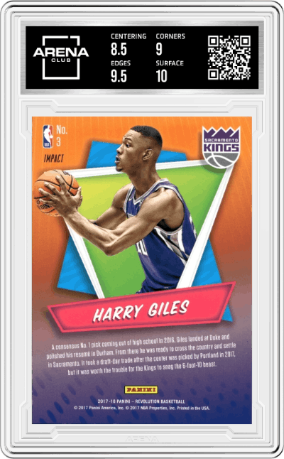 Harry Giles from the 2017-18 Panini Revolution set featuring a Impact parallel graded by Arena Club and given an overall grade of 9.