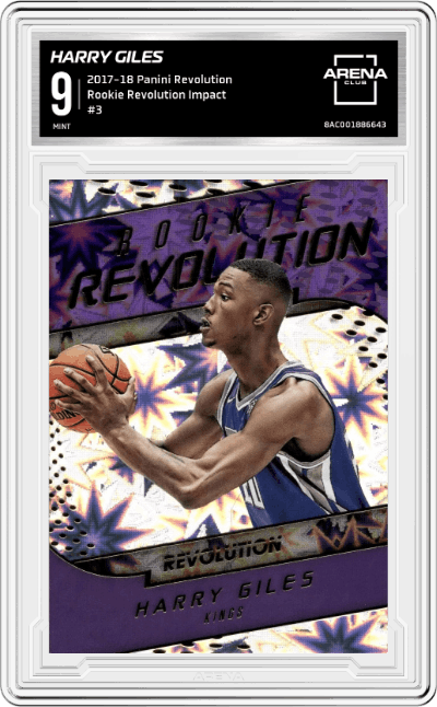 Harry Giles from the 2017-18 Panini Revolution set featuring a Impact parallel graded by Arena Club and given an overall grade of 9.