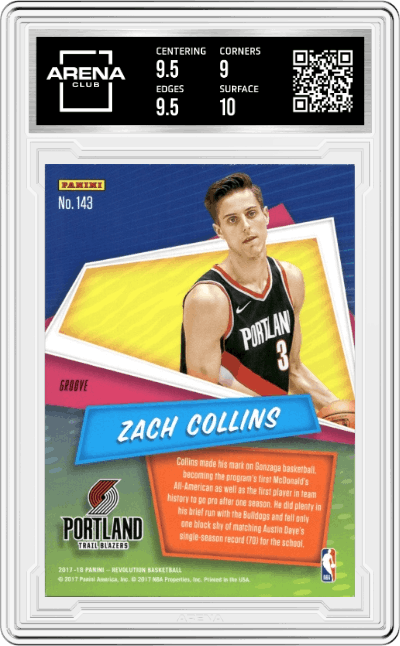 Zach Collins from the 2017-18 Panini Revolution set featuring a Groove parallel graded by Arena Club and given an overall grade of 9.5.