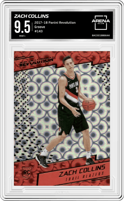 Zach Collins from the 2017-18 Panini Revolution set featuring a Groove parallel graded by Arena Club and given an overall grade of 9.5.