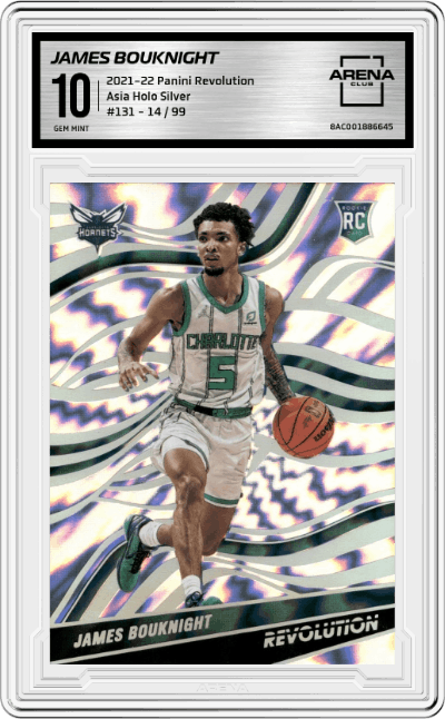 James Bouknight from the 2021-22 Panini Revolution  set featuring a Asia Holo Silver parallel graded by Arena Club and given an overall grade of 10.