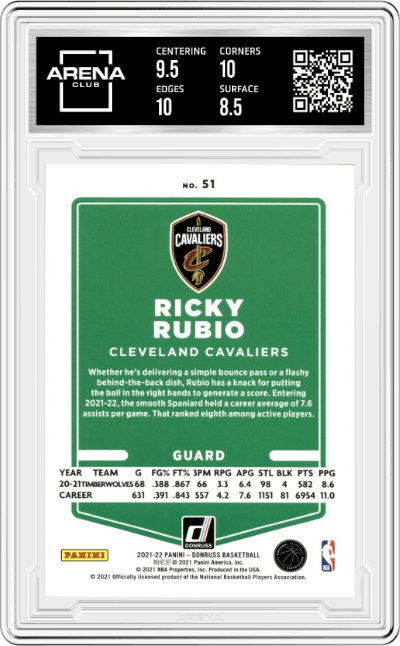 Ricky Rubio from the 2021-22 Panini Donruss set featuring a  Blue Holo Laser parallel graded by Arena Club and given an overall grade of 9.