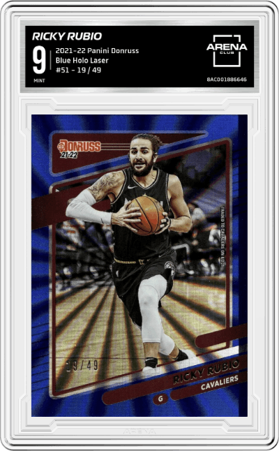 Ricky Rubio from the 2021-22 Panini Donruss set featuring a  Blue Holo Laser parallel graded by Arena Club and given an overall grade of 9.