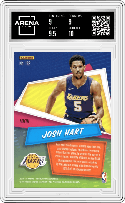 Josh Hart from the 2017-18 Panini Revolution set featuring a Fractal parallel graded by Arena Club and given an overall grade of 9.5.