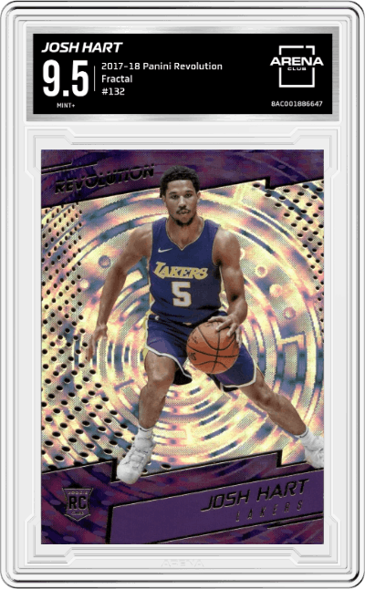 Josh Hart from the 2017-18 Panini Revolution set featuring a Fractal parallel graded by Arena Club and given an overall grade of 9.5.
