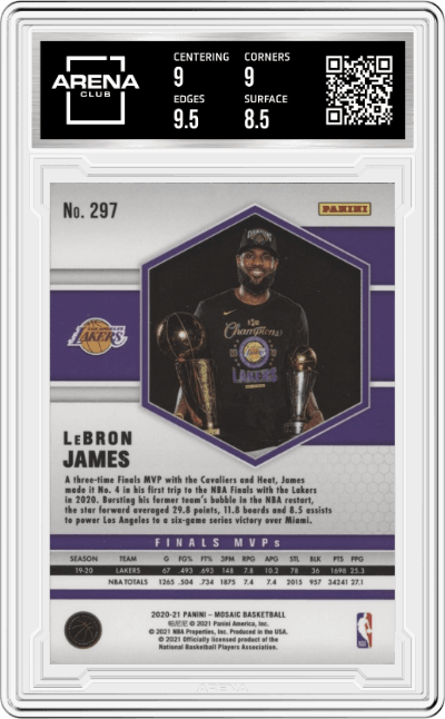 LeBron James from the 2020-21 Panini Mosaic set graded by Arena Club and given an overall grade of 9.