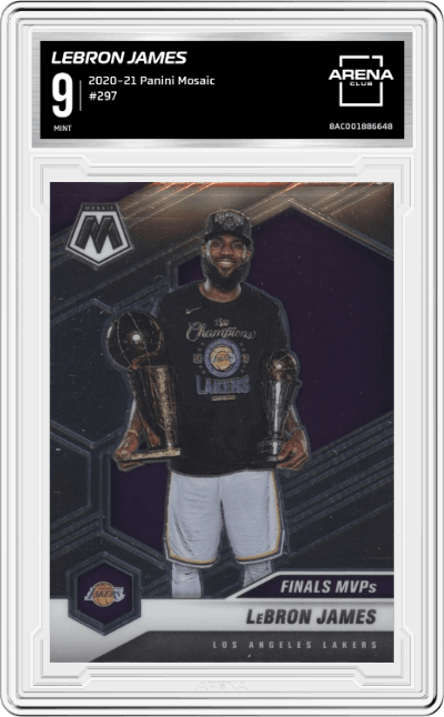 LeBron James from the 2020-21 Panini Mosaic set graded by Arena Club and given an overall grade of 9.