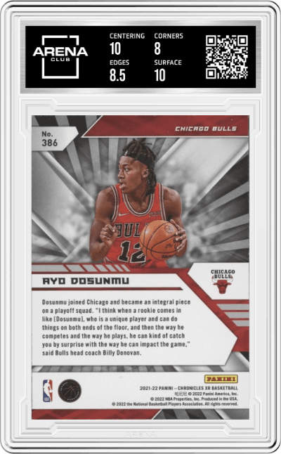Ayo Dosunmu from the 2021-22 Panini Chronicles set graded by Arena Club and given an overall grade of 8.5.