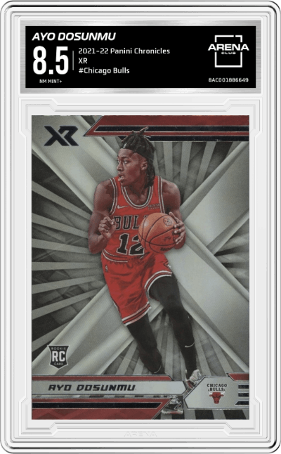 Ayo Dosunmu from the 2021-22 Panini Chronicles set graded by Arena Club and given an overall grade of 8.5.