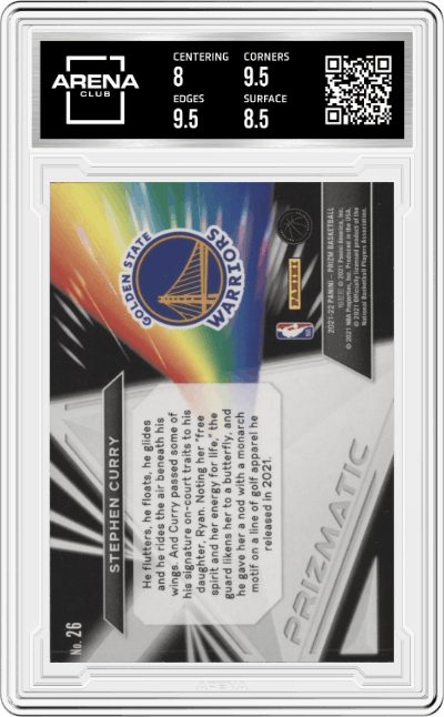 Stephen Curry from the 2021-22 Panini Prizm  set graded by Arena Club and given an overall grade of 8.5.