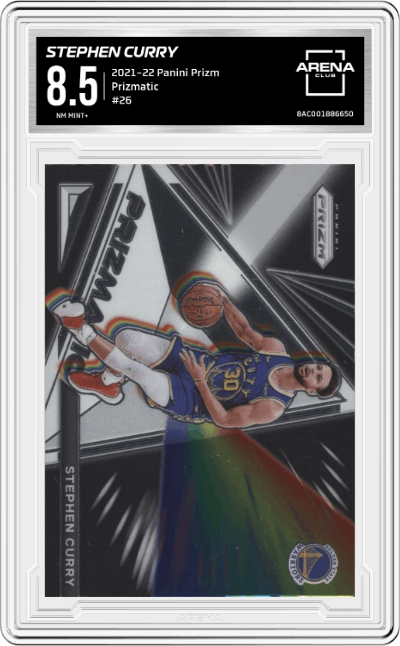 Stephen Curry from the 2021-22 Panini Prizm  set graded by Arena Club and given an overall grade of 8.5.