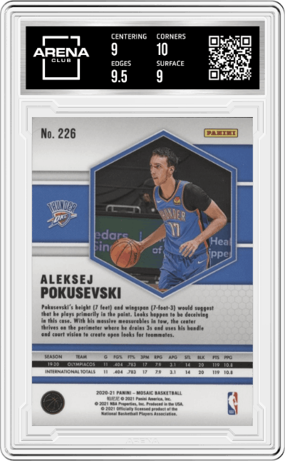 Aleksej Pokusevski from the 2020-21 Panini Mosaic set graded by Arena Club and given an overall grade of 9.5.