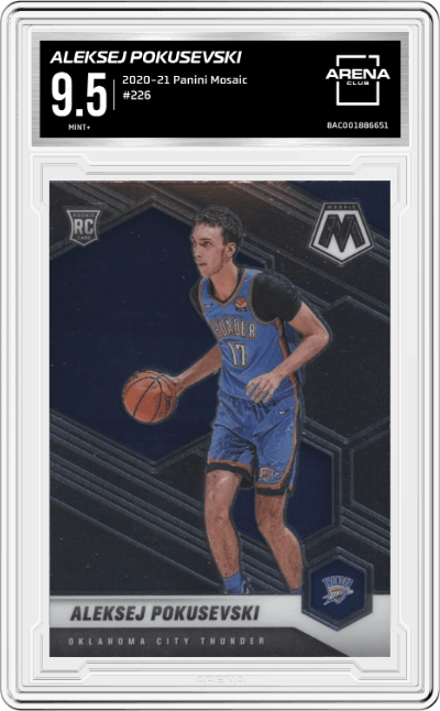 Aleksej Pokusevski from the 2020-21 Panini Mosaic set graded by Arena Club and given an overall grade of 9.5.