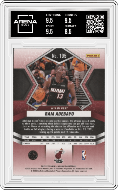 Bam Adebayo from the 2021-22 Panini Mosaic  set graded by Arena Club and given an overall grade of 9.