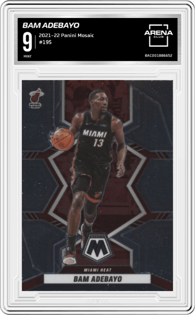Bam Adebayo from the 2021-22 Panini Mosaic  set graded by Arena Club and given an overall grade of 9.